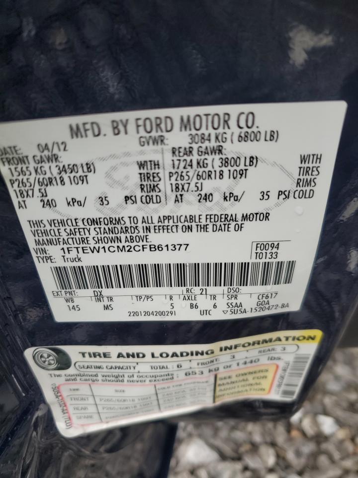 2012 Ford F150 Supercrew VIN: 1FTEW1CM2CFB61377 Lot: 54174055