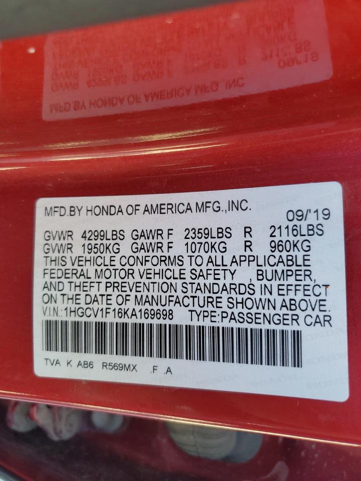 1HGCV1F16KA169698 HONDA ACCORD 2019