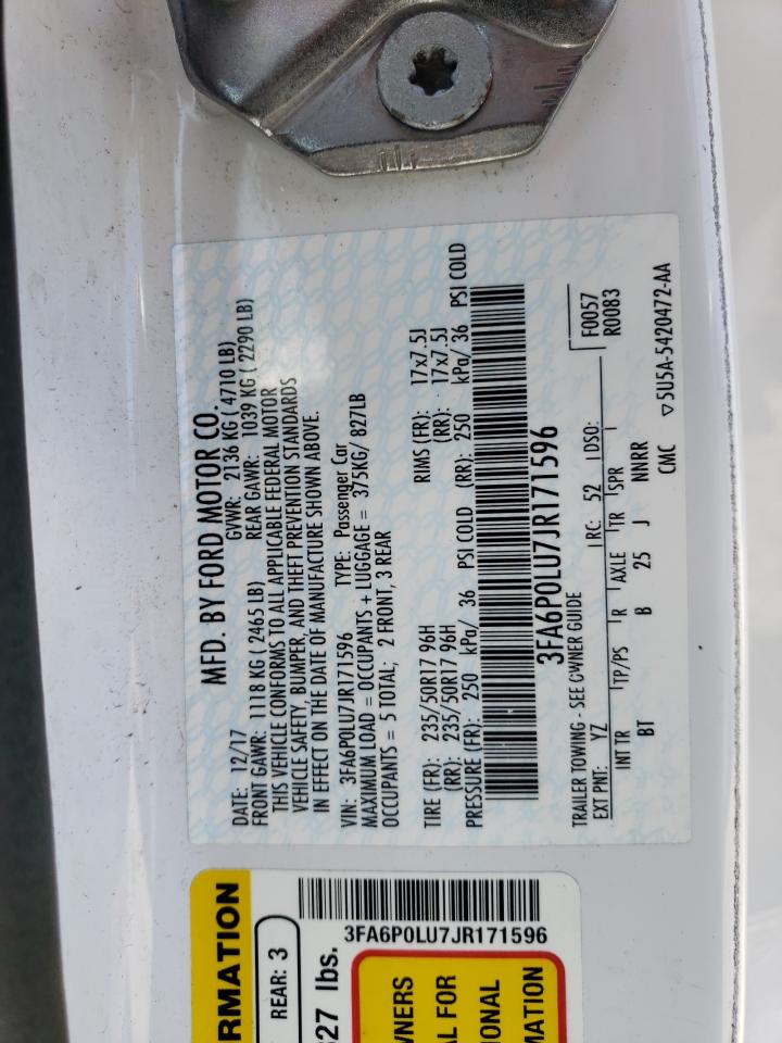 2018 Ford Fusion Se Hybrid VIN: 3FA6P0LU7JR171596 Lot: 54037355