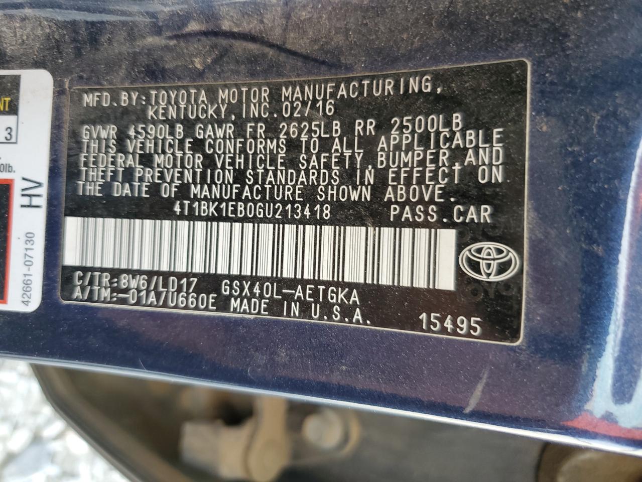 4T1BK1EB0GU213418 TOYOTA AVALON 2016