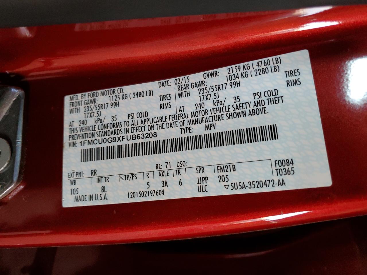 1FMCU0G9XFUB63208 2015 Ford Escape Se