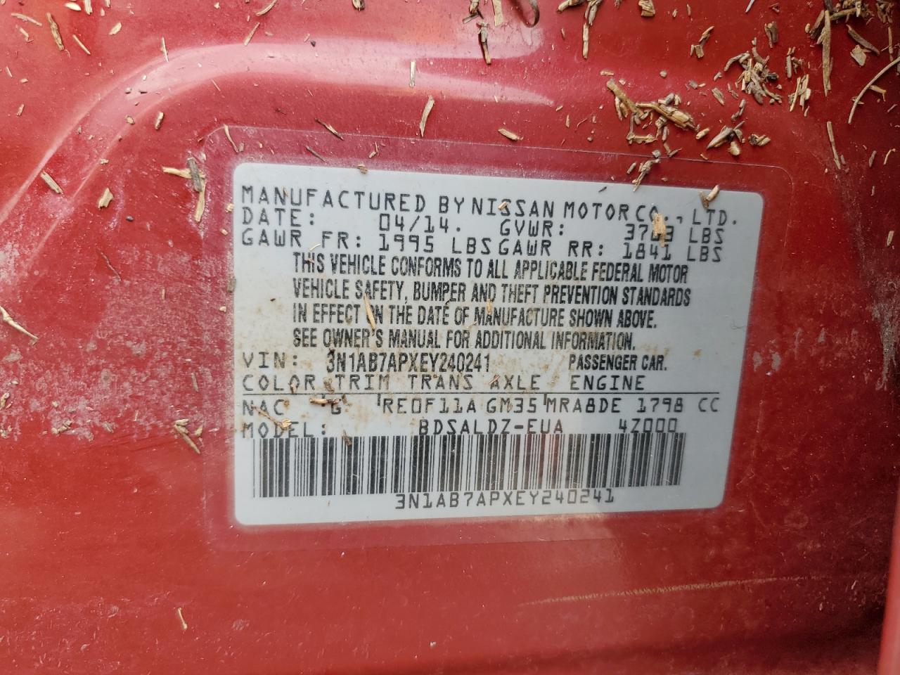 2014 Nissan Sentra S VIN: 3N1AB7APXEY240241 Lot: 55028545