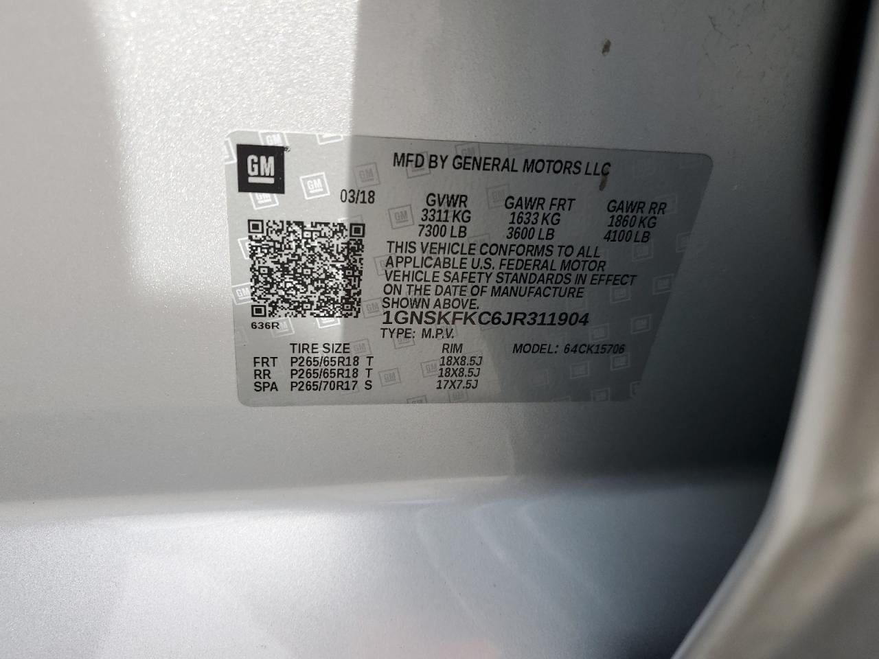 1GNSKFKC6JR311904 CHEVROLET TAHOE 2018