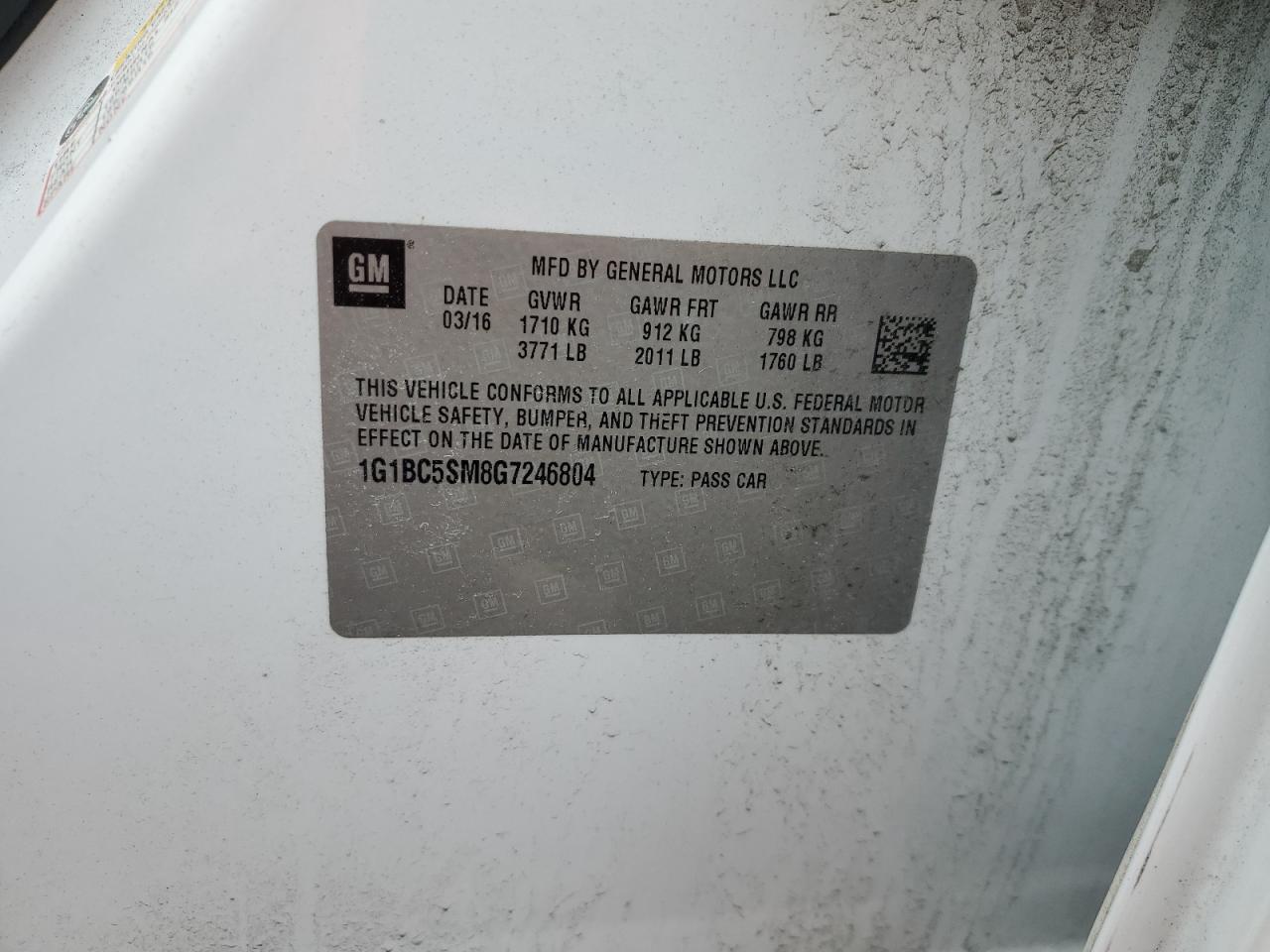 1G1BC5SM8G7246804 CHEVROLET CRUZE 2016