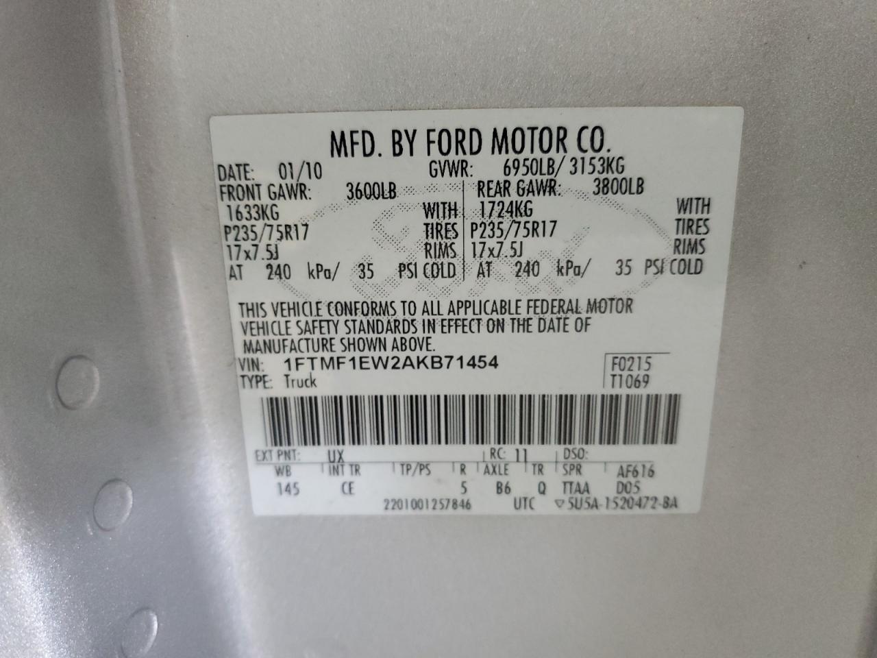 2010 Ford F150 VIN: 1FTMF1EW2AKB71454 Lot: 54604395