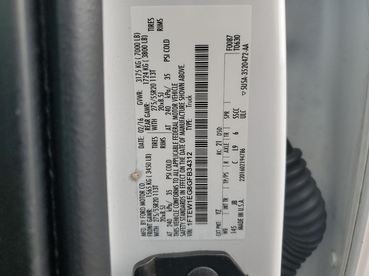 1FTEW1EG8GFB34312 FORD F-150 2016