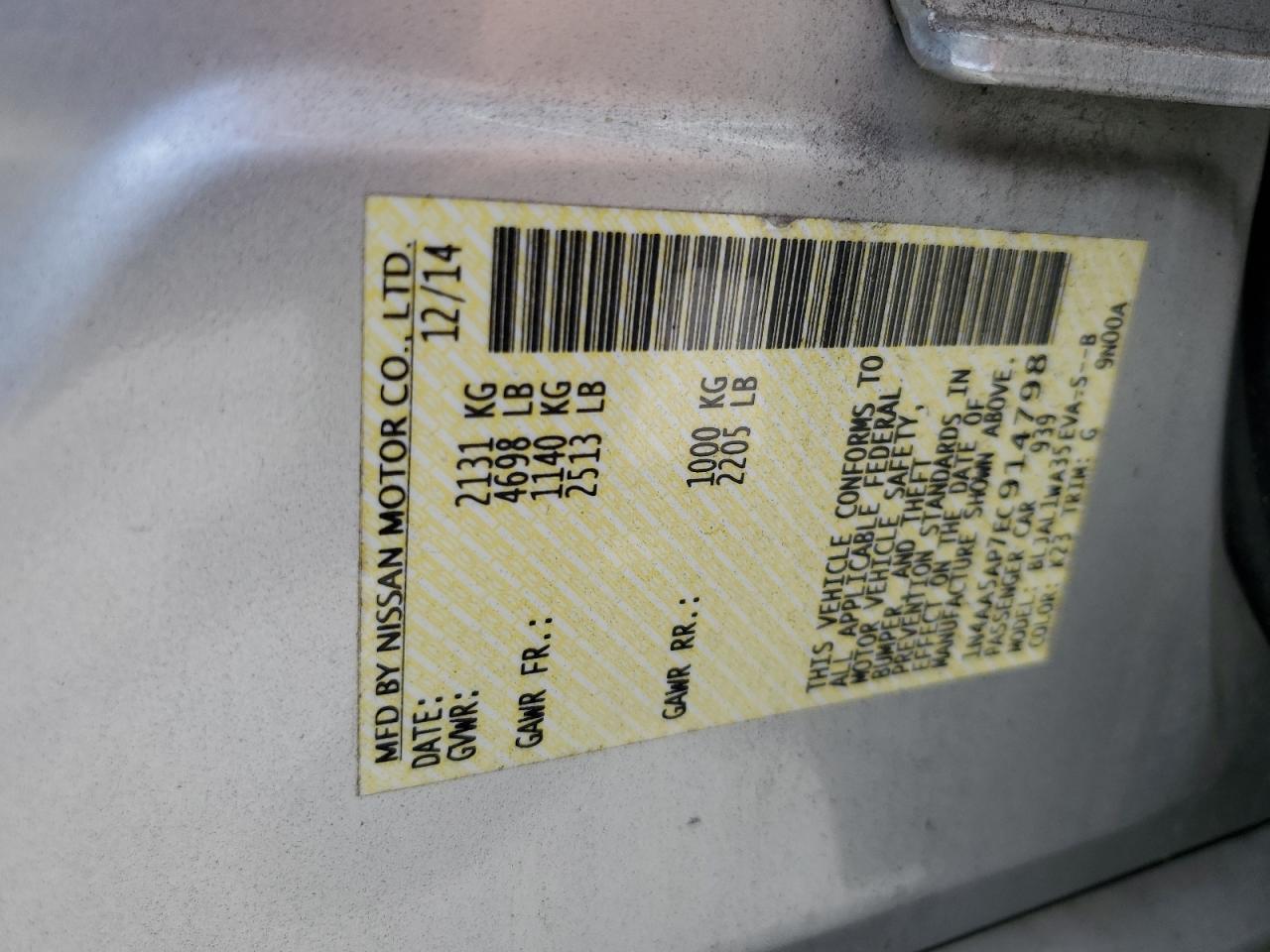 2014 Nissan Maxima S VIN: 1N4AA5AP7EC914798 Lot: 54479735