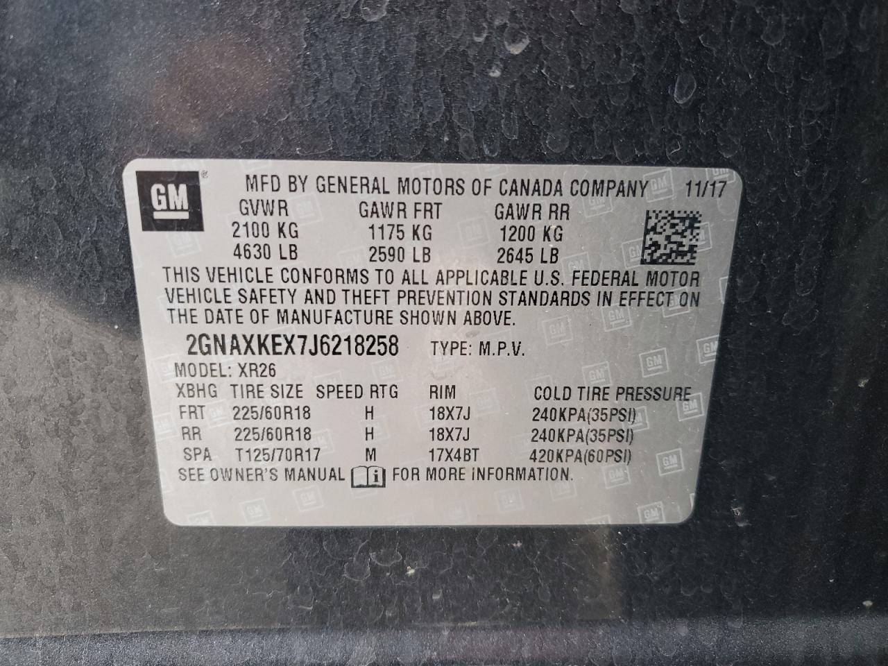 2gnaxkex7j6218258 2GNAXKEX7J6218258 2018 Chevrolet Equinox Lt