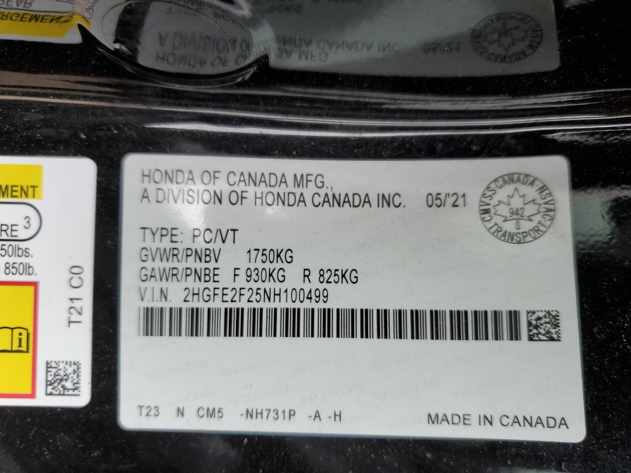 2HGFE2F25NH100499 HONDA CIVIC 2022
