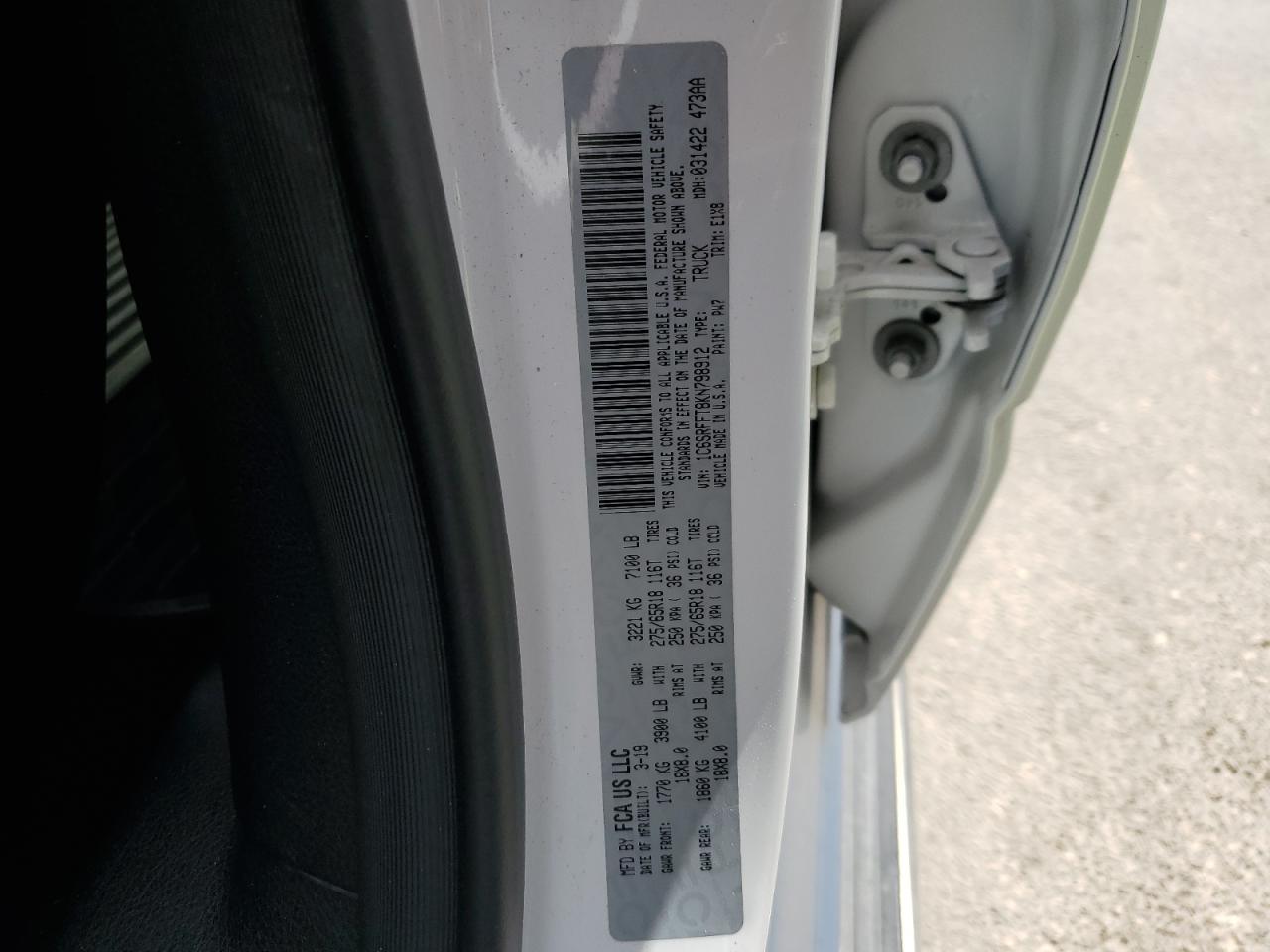 2019 Ram 1500 Big Horn/Lone Star VIN: 1C6SRFFT8KN798912 Lot: 53051605