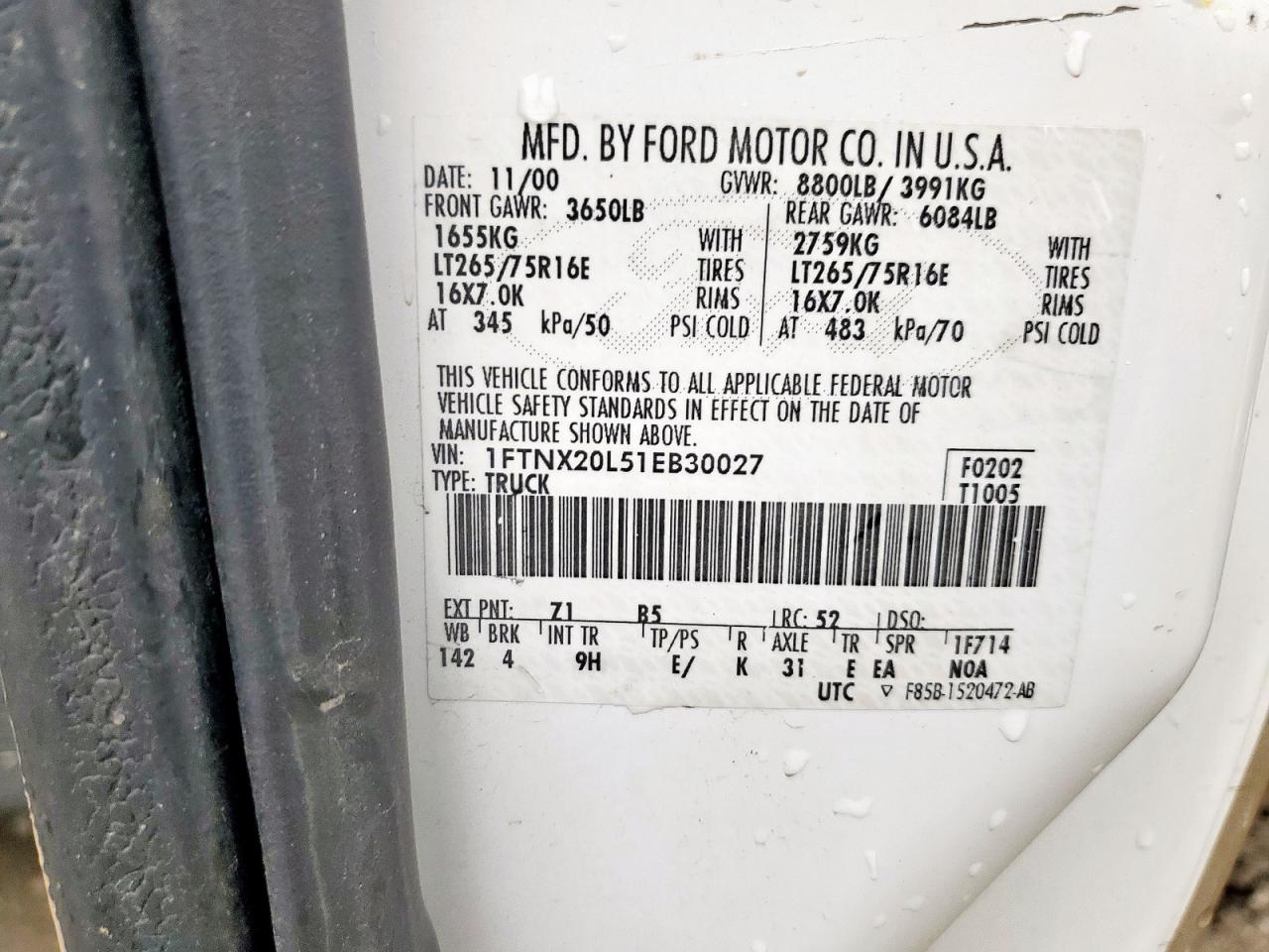 2001 Ford F250 Super Duty VIN: 1FTNX20L51EB30027 Lot: 54178295