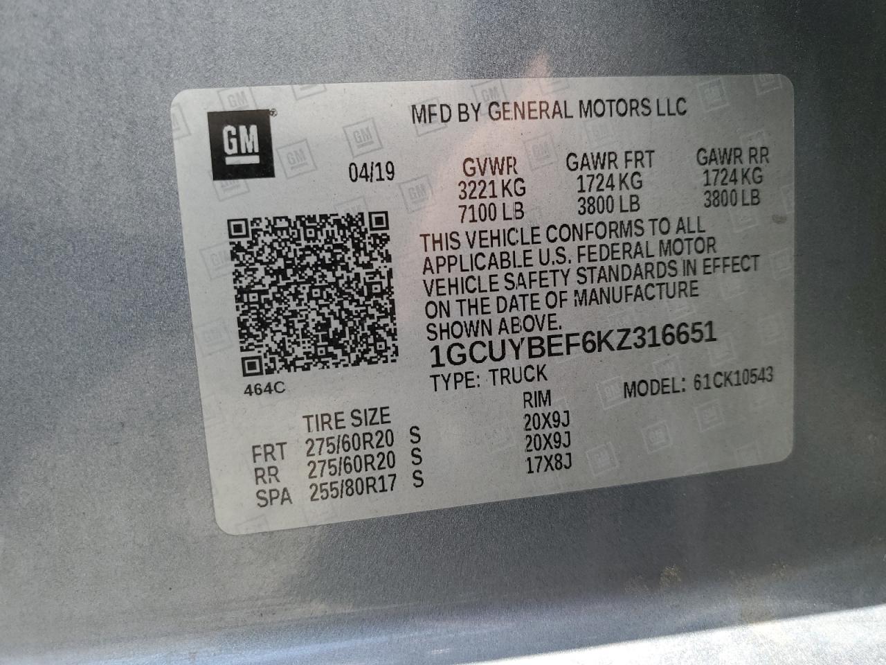 1GCUYBEF6KZ316651 CHEVROLET ALL Models 2019