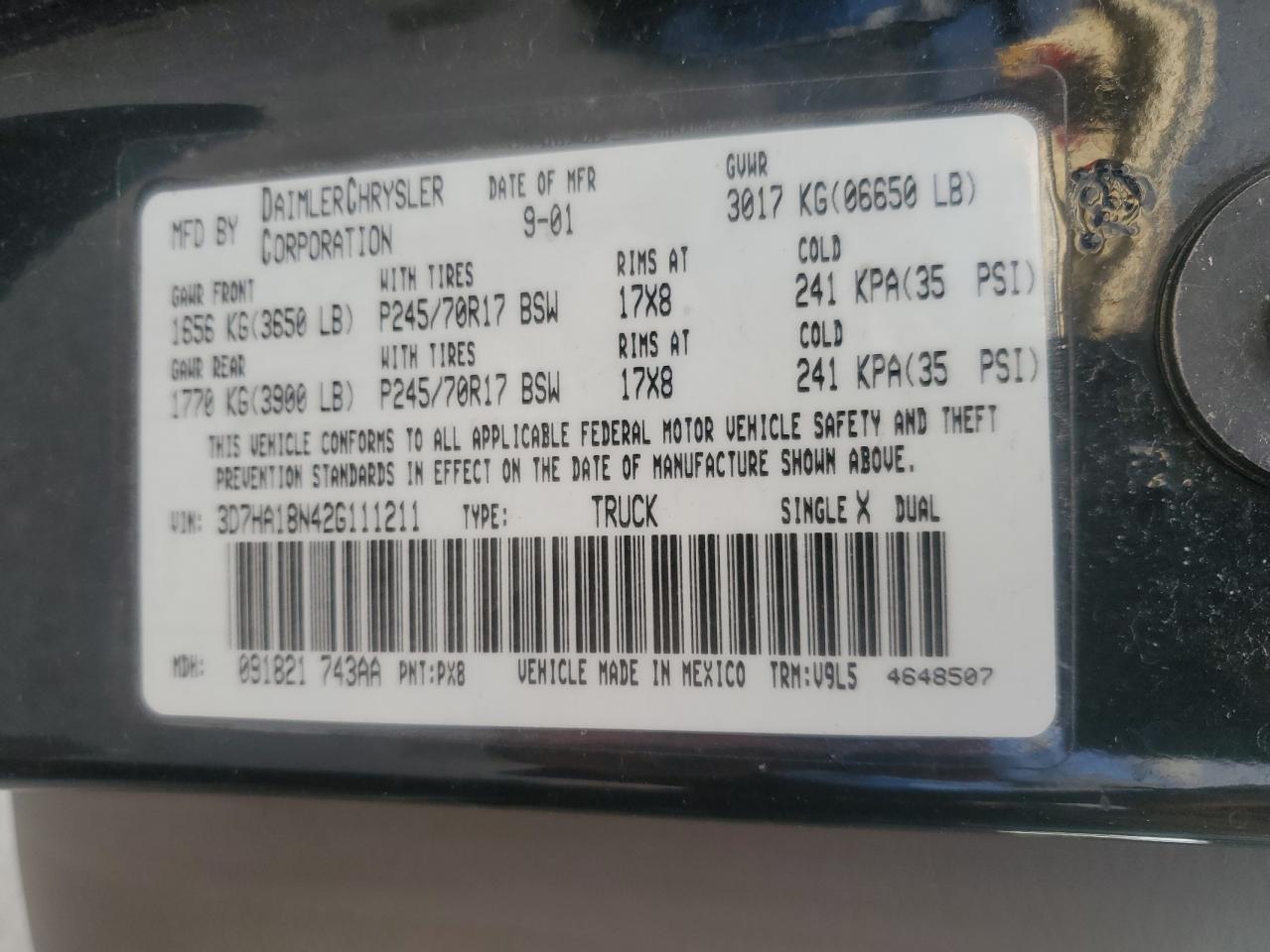 2002 Dodge Ram 1500 VIN: 3D7HA18N42G111211 Lot: 51679425
