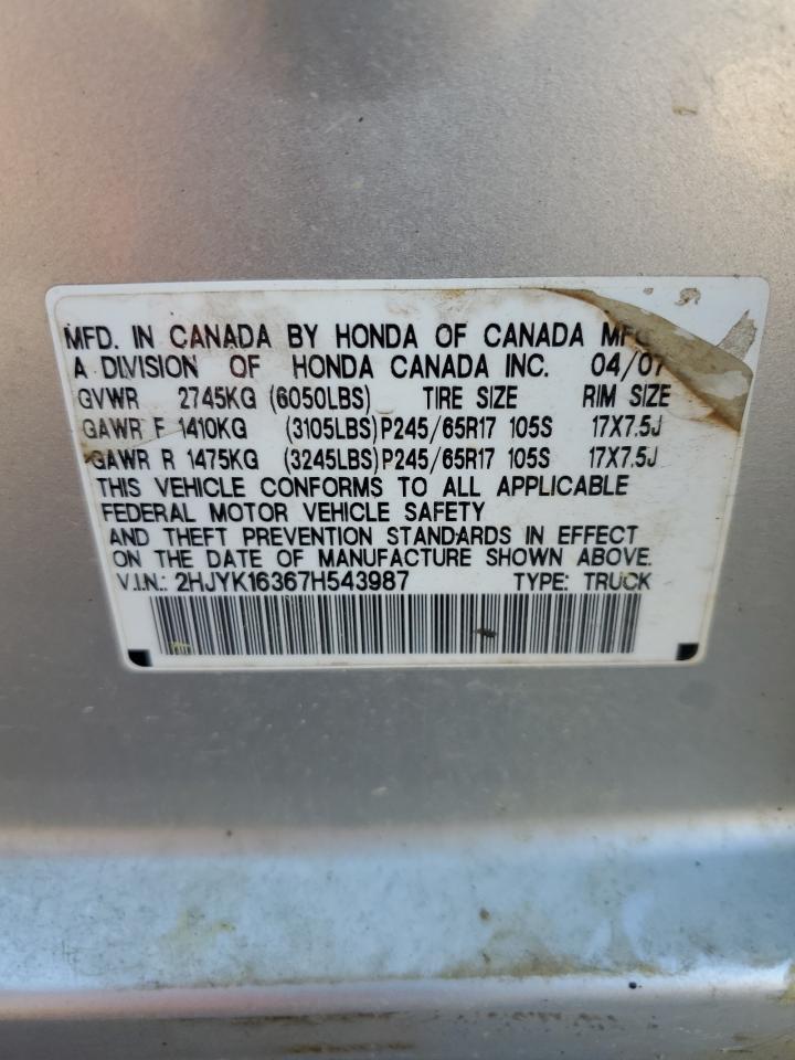 2007 Honda Ridgeline Rtx VIN: 2HJYK16367H543987 Lot: 52608665