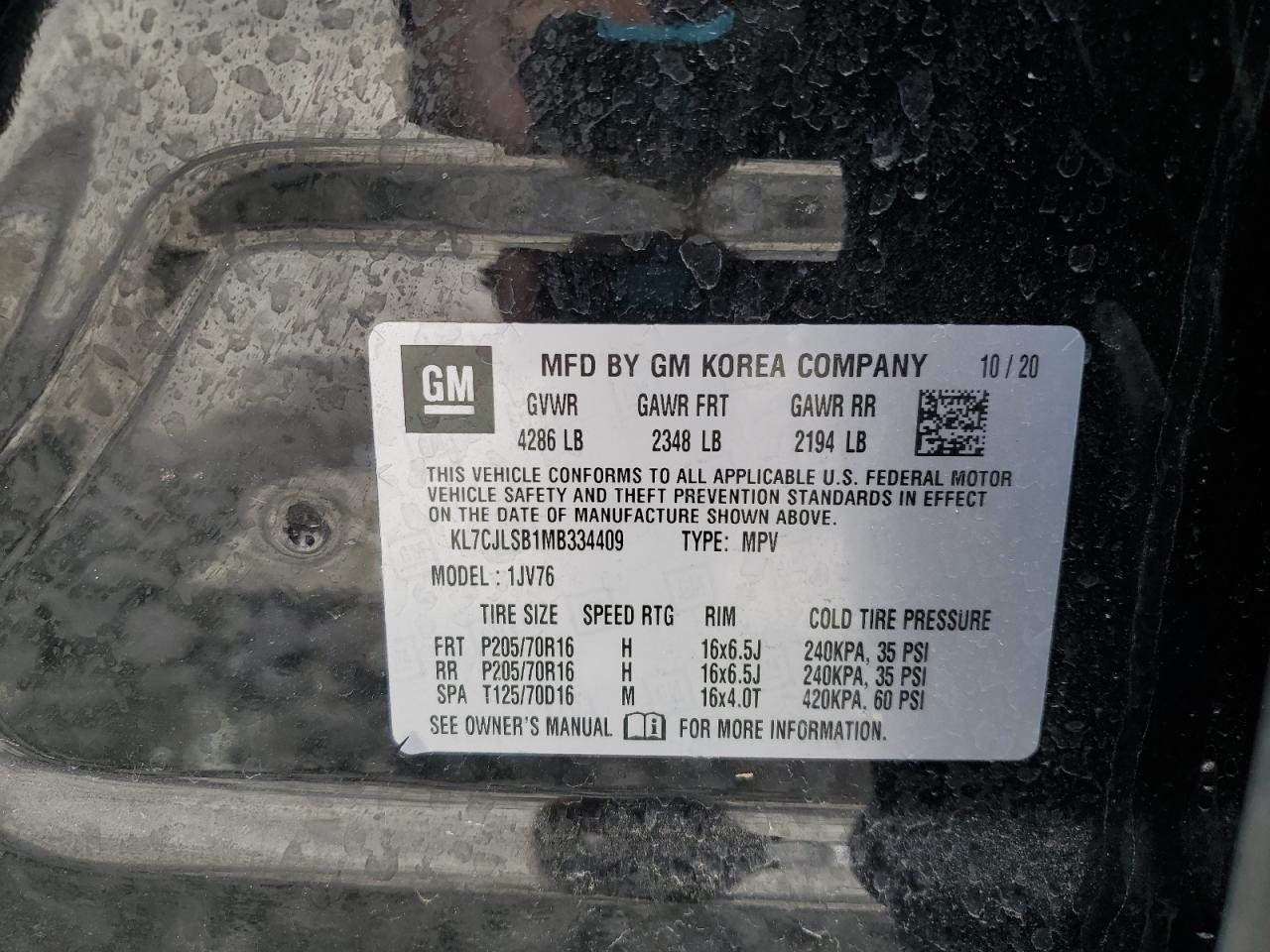 KL7CJLSB1MB334409 CHEVROLET TRAX 2021
