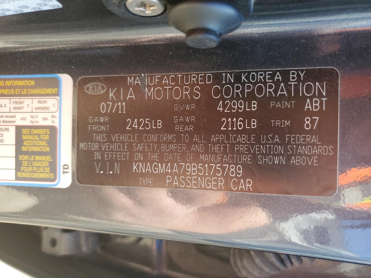 2011 Kia Optima Lx VIN: KNAGM4A79B5175789 Lot: 53778575