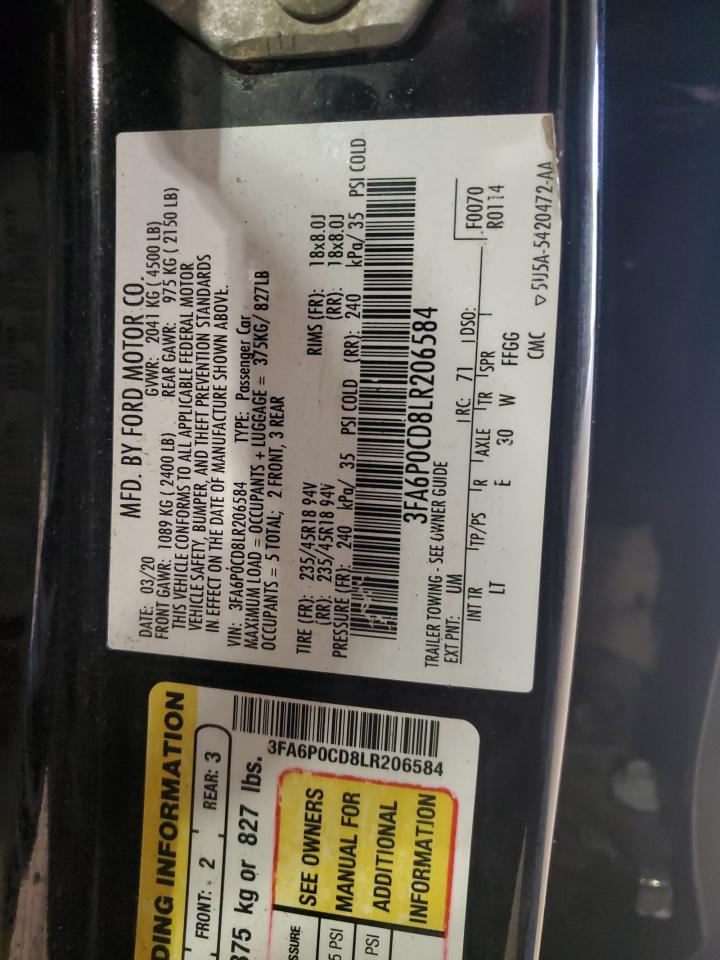 3FA6P0CD8LR206584 FORD FUSION 2020