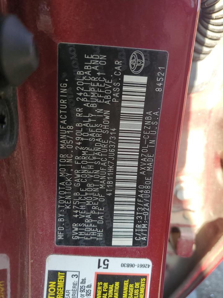 4T1B11HK7JU637314 TOYOTA CAMRY 2018