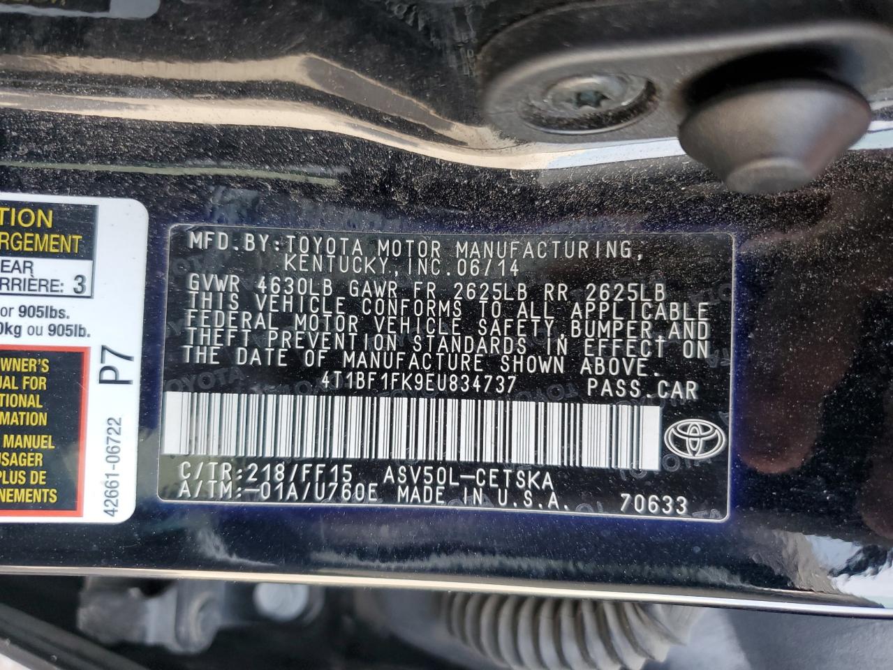 2014 Toyota Camry L VIN: 4T1BF1FK9EU834737 Lot: 54867025