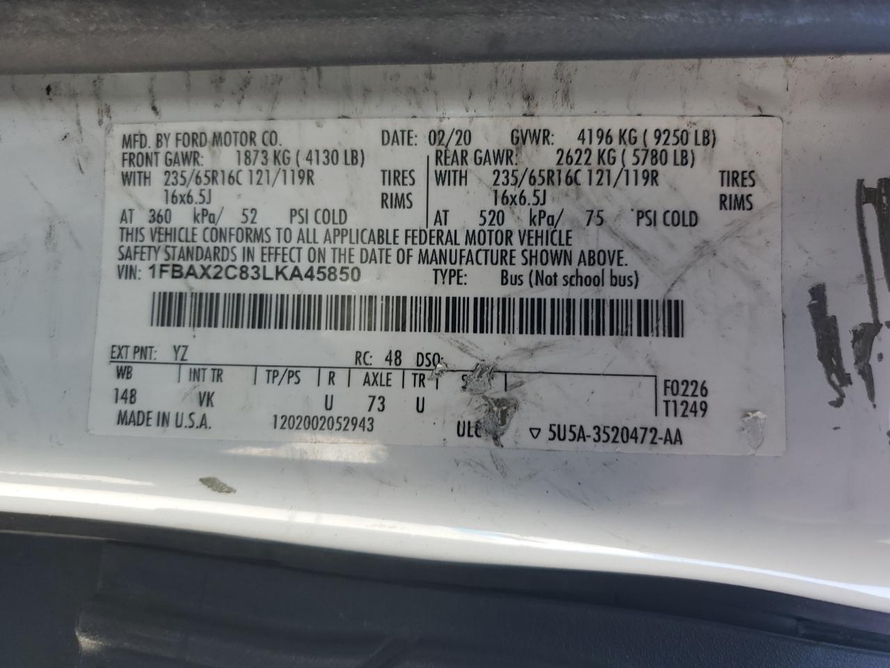 2020 Ford Transit T-350 VIN: 1FBAX2C83LKA45850 Lot: 53325525