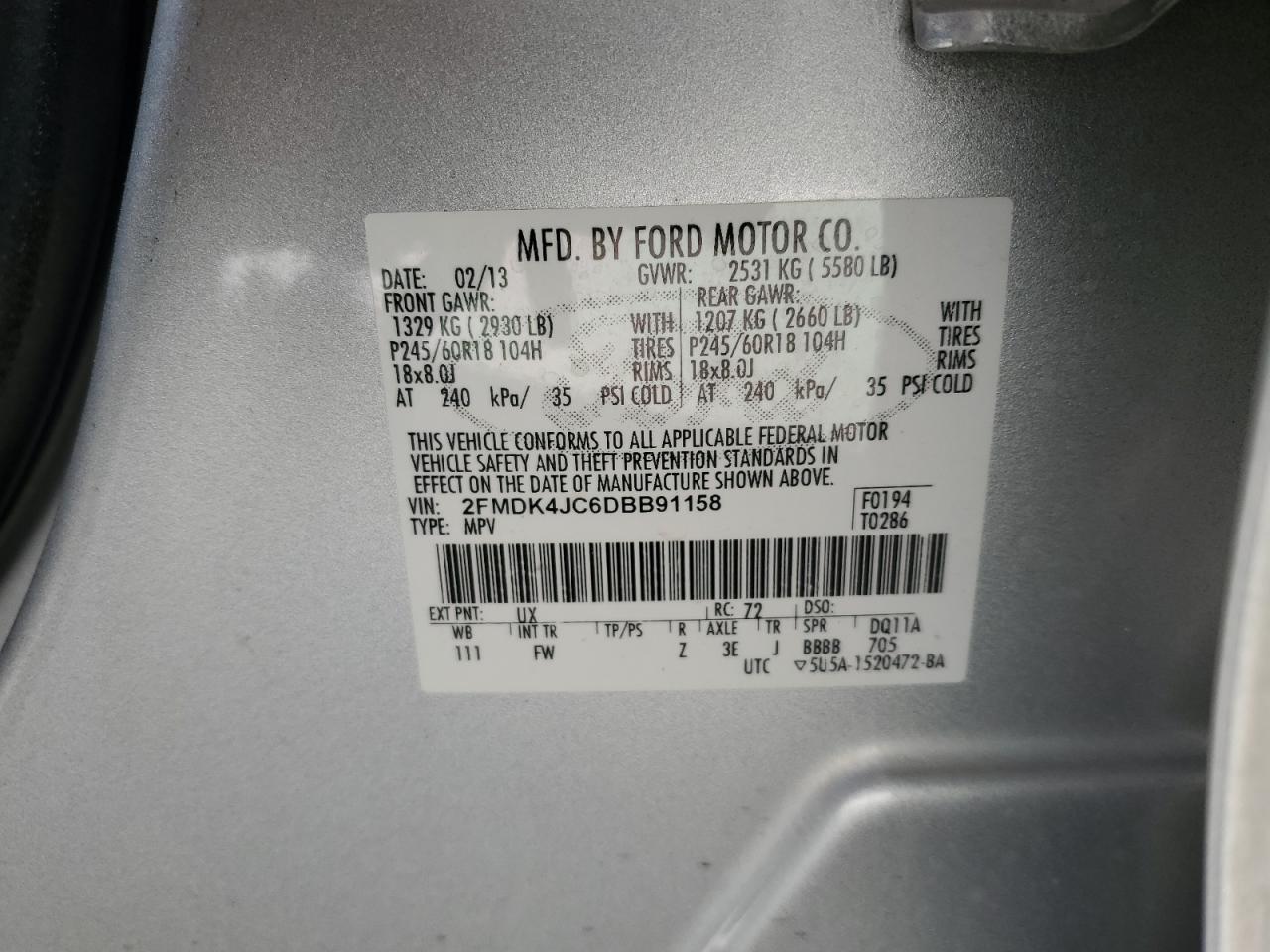 2013 Ford Edge Sel VIN: 2FMDK4JC6DBB91158 Lot: 52691385