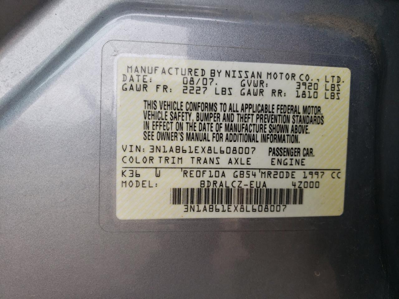 2008 Nissan Sentra 2.0 VIN: 3N1AB61EX8L608007 Lot: 53975875