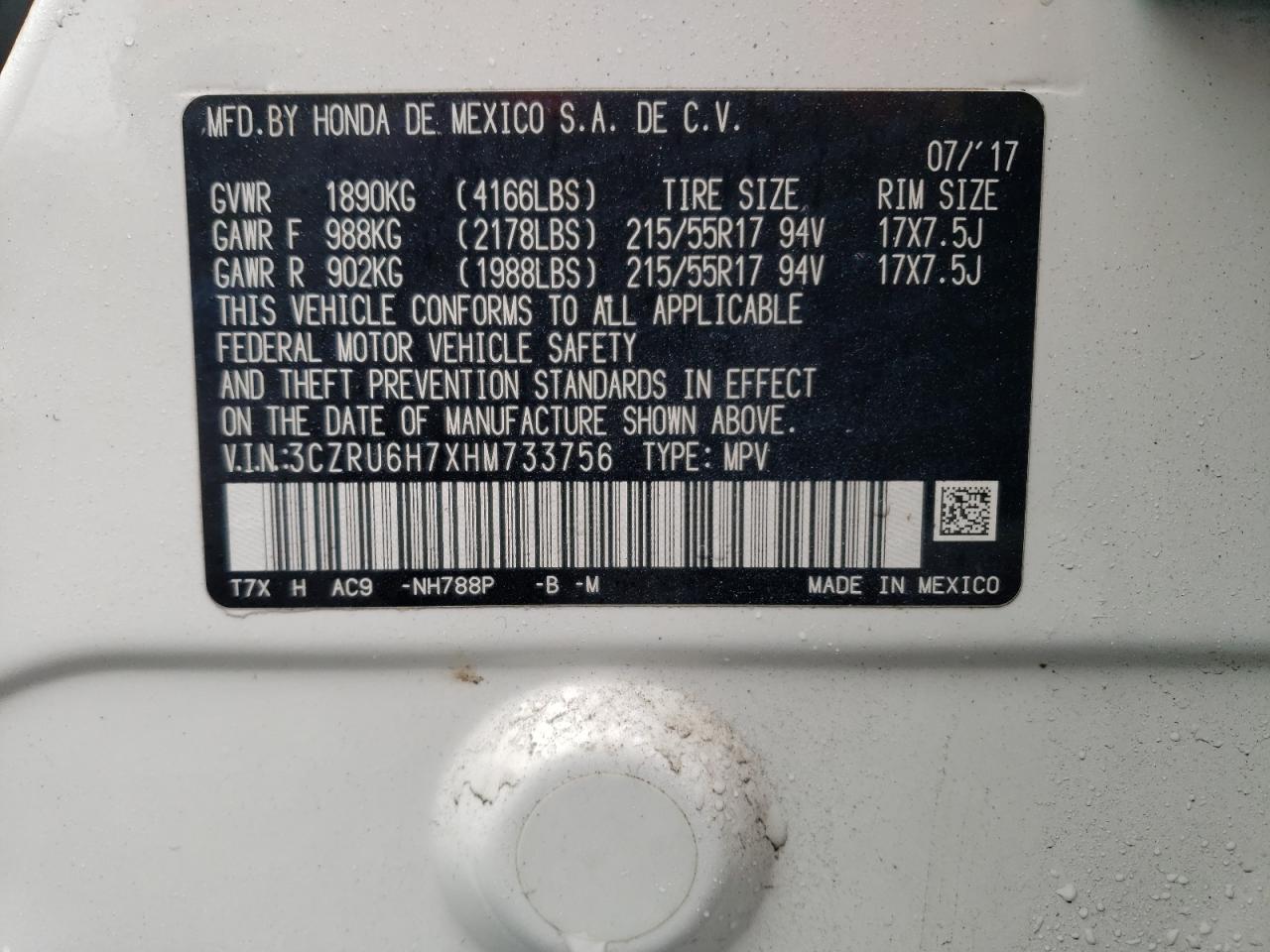 3CZRU6H7XHM733756 HONDA HR-V 2017