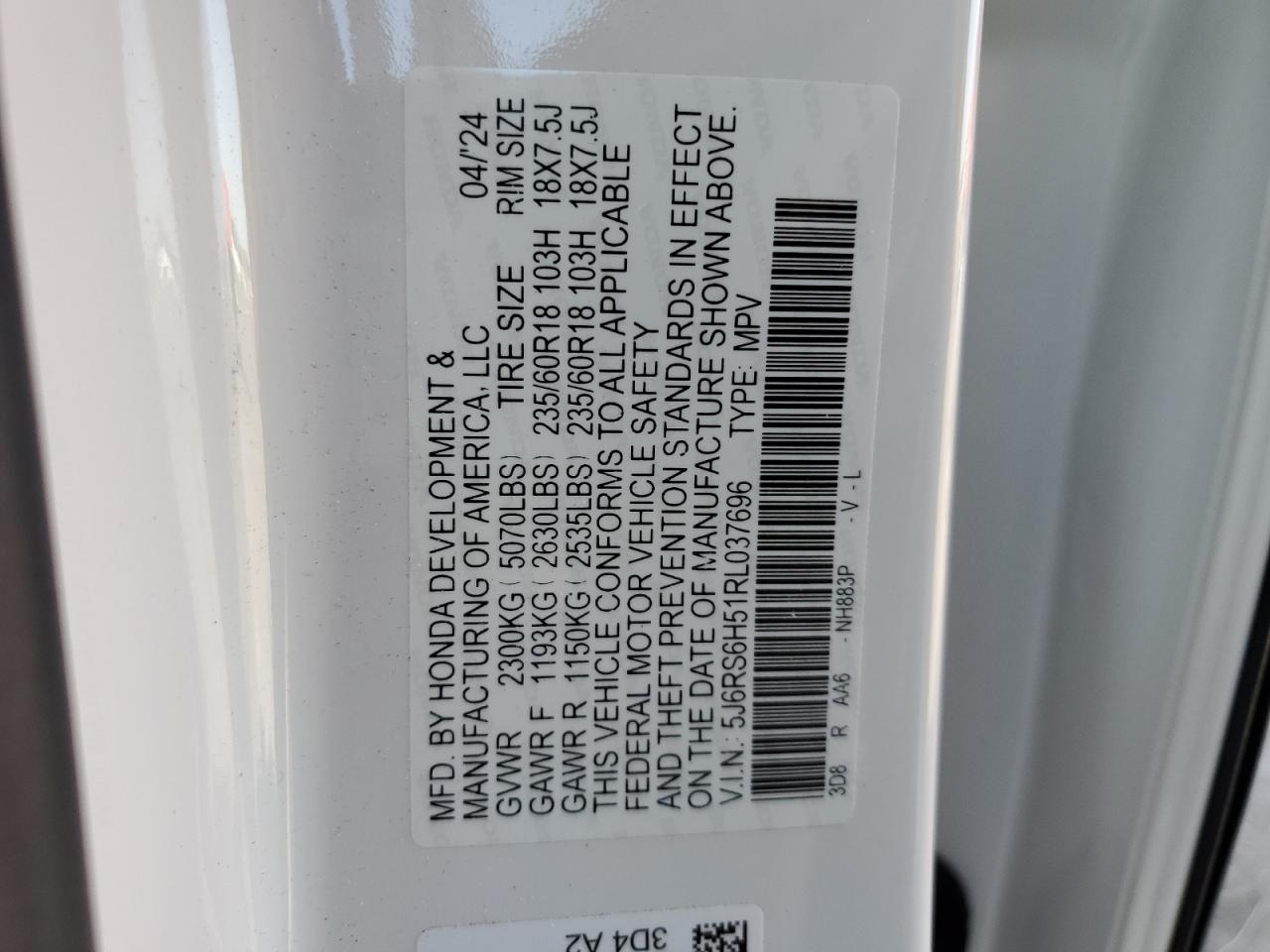 5J6RS6H51RL037696 HONDA CRV 2024