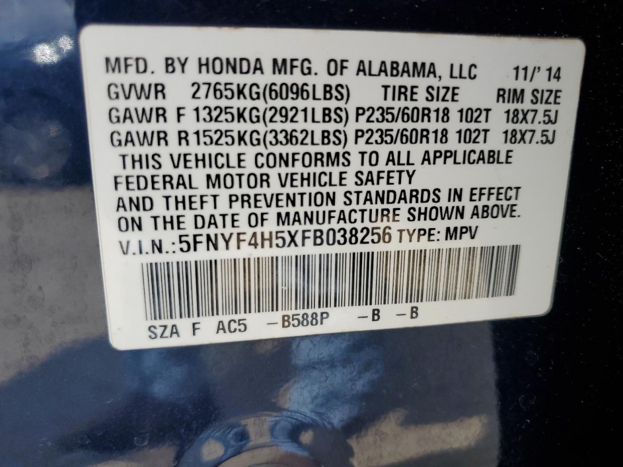 HONDA PILOT 2015 VIN 5FNYF4H5XFB038256 фото 13