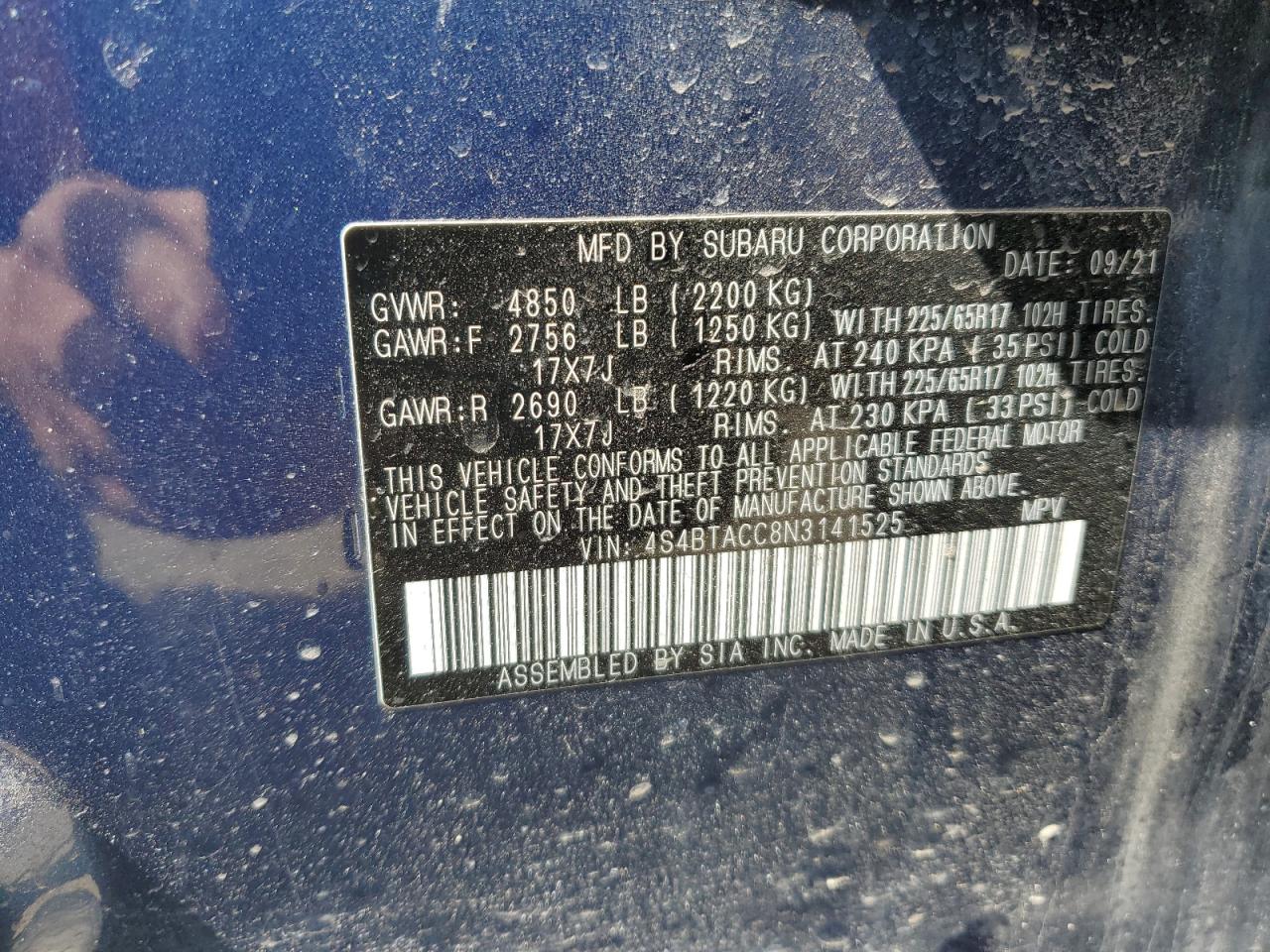 2022 Subaru Outback Premium VIN: 4S4BTACC8N3141525 Lot: 53026395