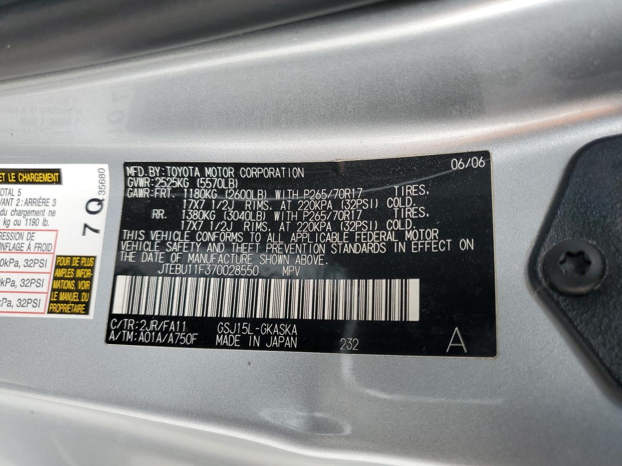 2007 Toyota Fj Cruiser VIN: JTEBU11F370028550 Lot: 54109475