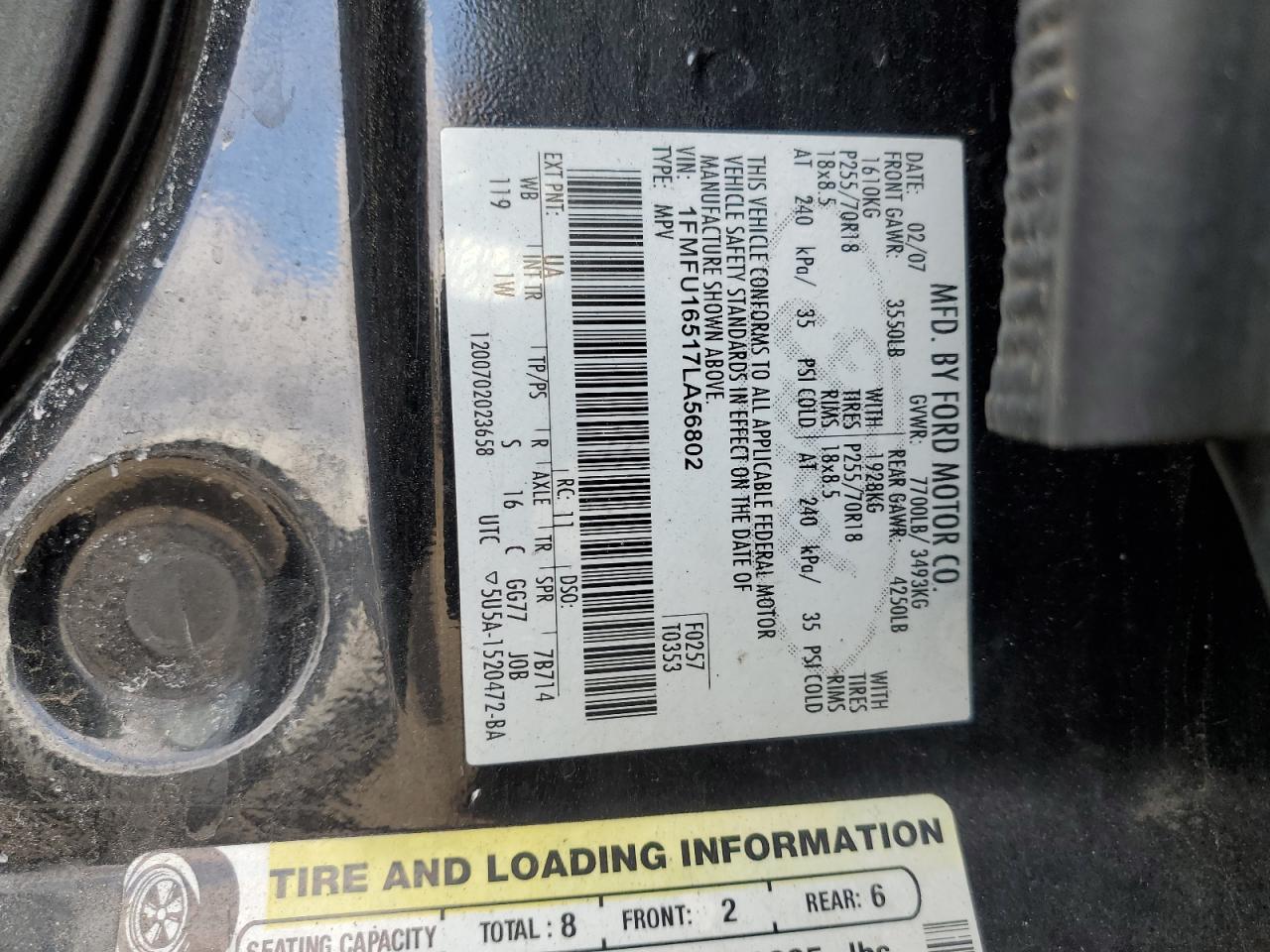 2007 Ford Expedition Xlt VIN: 1FMFU16517LA56802 Lot: 52024575