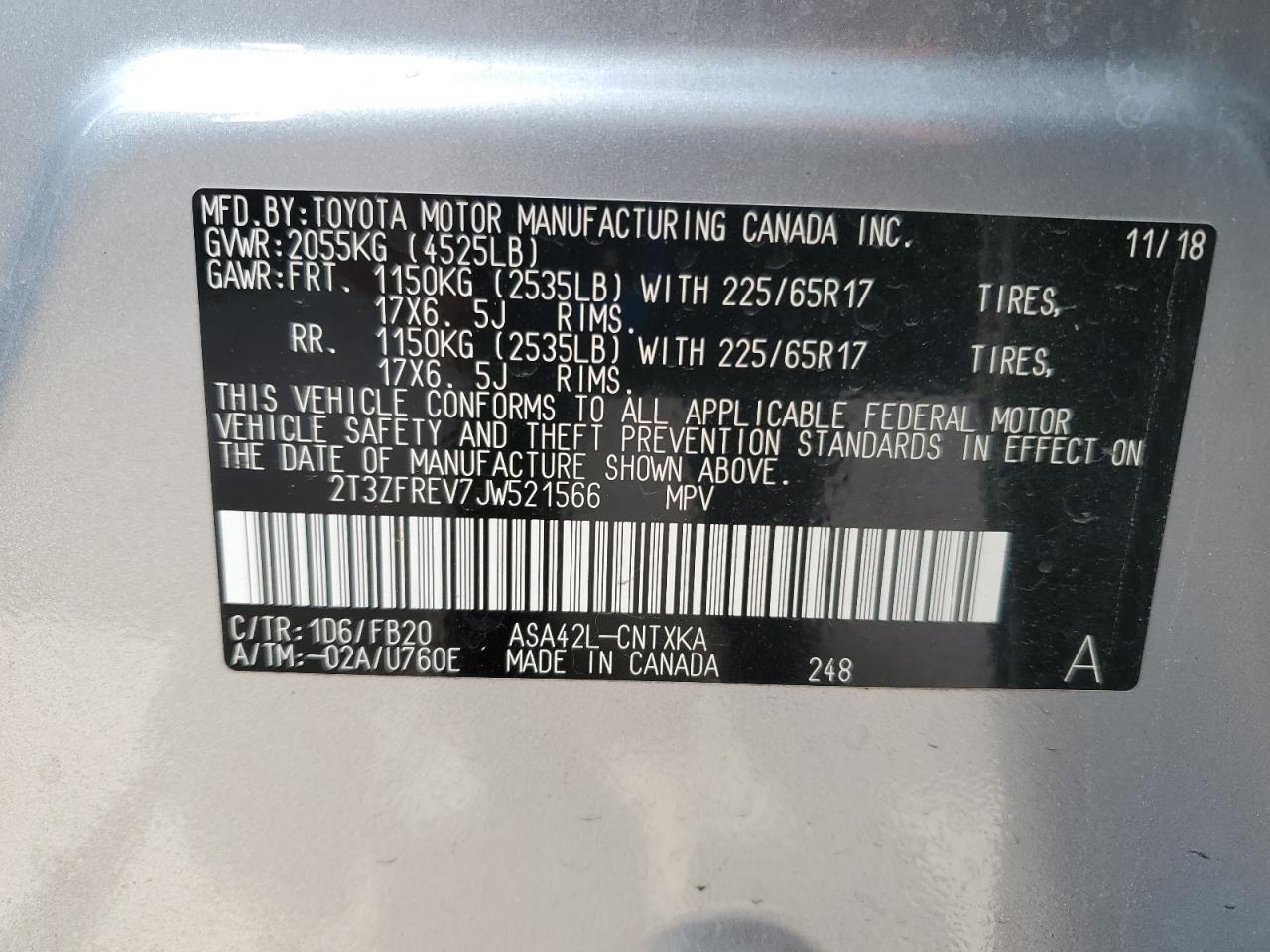 2018 Toyota Rav4 Le VIN: 2T3ZFREV7JW521566 Lot: 54343685