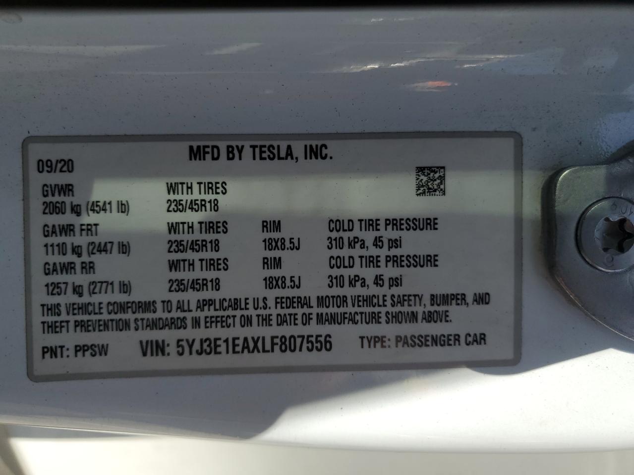 2020 Tesla Model 3 VIN: 5YJ3E1EAXLF807556 Lot: 54048035