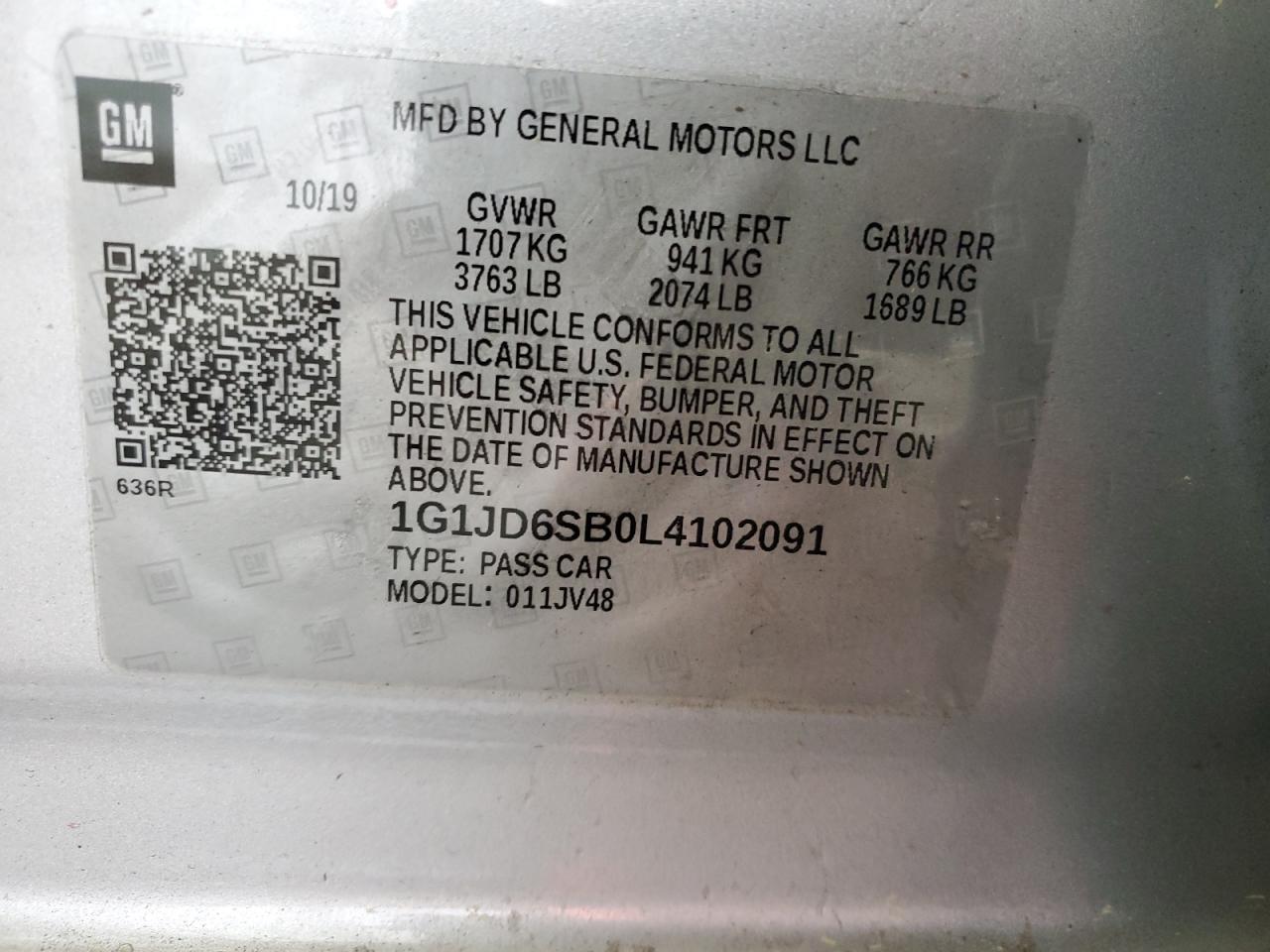 2020 Chevrolet Sonic Lt VIN: 1G1JD6SB0L4102091 Lot: 53447305