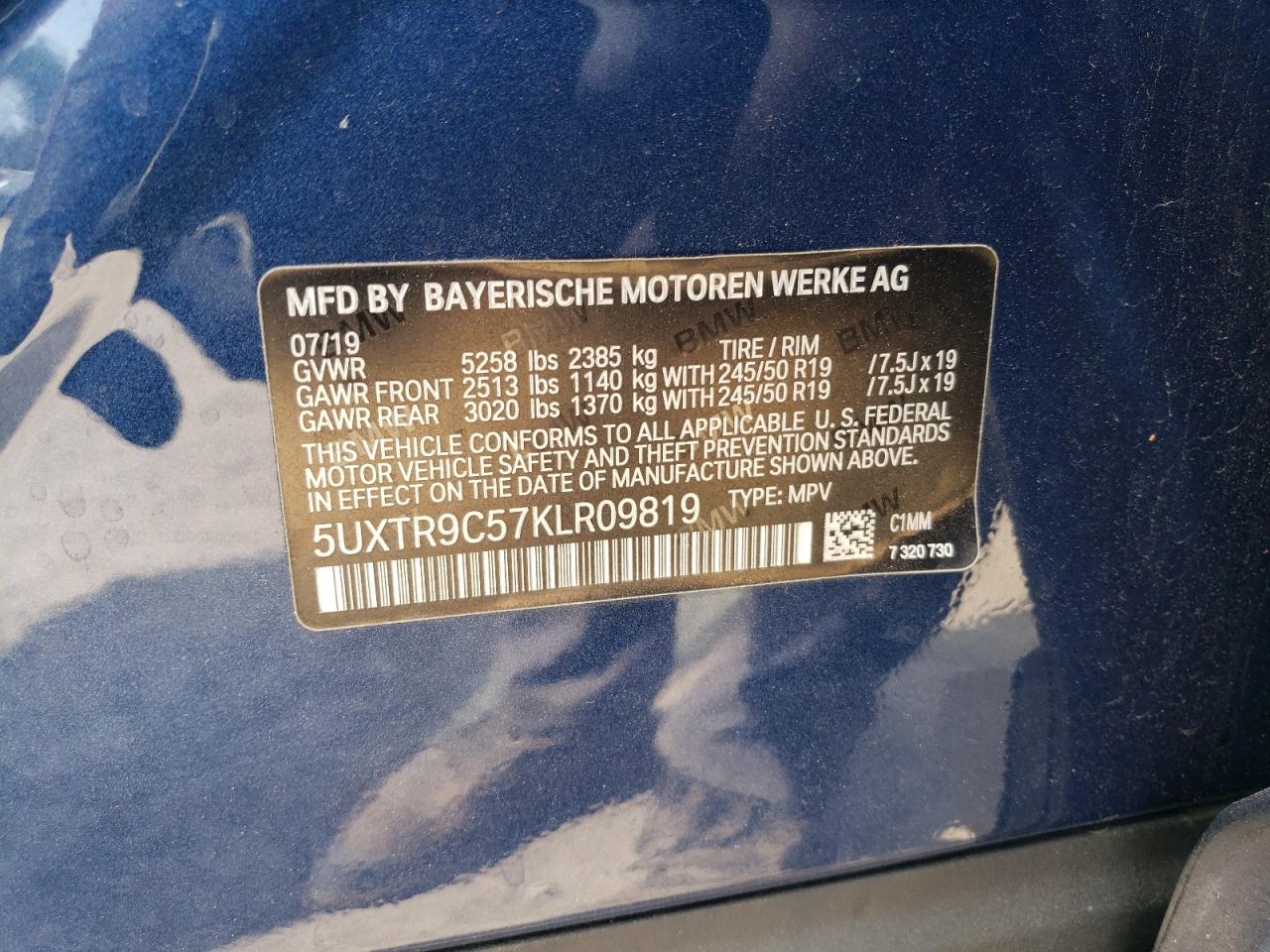 2019 BMW X3 xDrive30I VIN: 5UXTR9C57KLR09819 Lot: 54661615