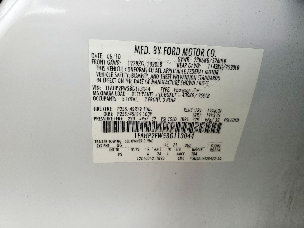 2011 Ford Taurus Limited VIN: 1FAHP2FW5BG113044 Lot: 55077745