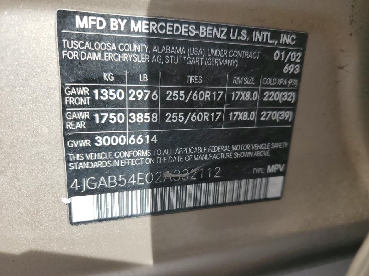 2002 Mercedes-Benz Ml 320 VIN: 4JGAB54E02A332112 Lot: 52723155