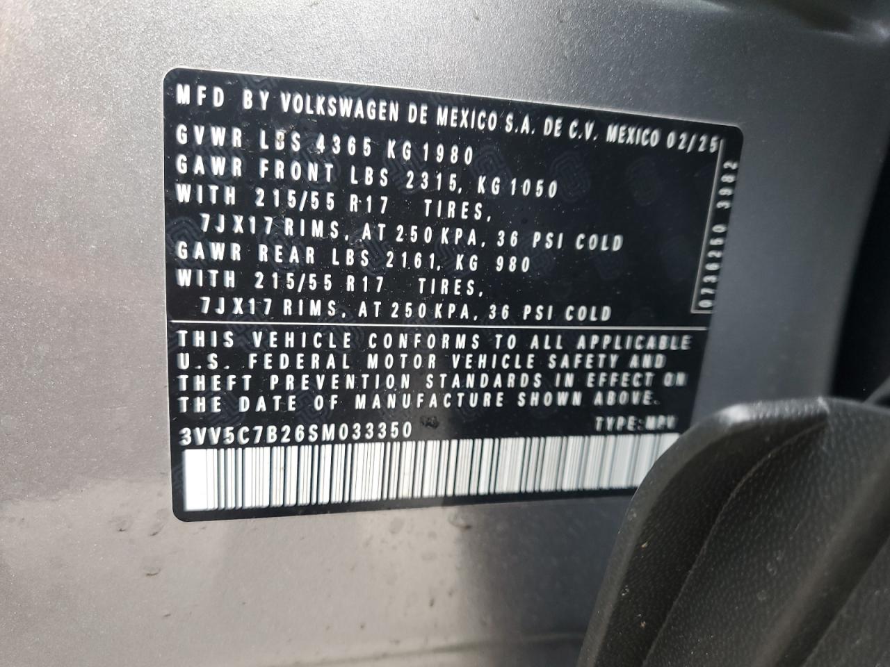 2025 Volkswagen Taos S VIN: 3VV5C7B26SM033350 Lot: 55145875