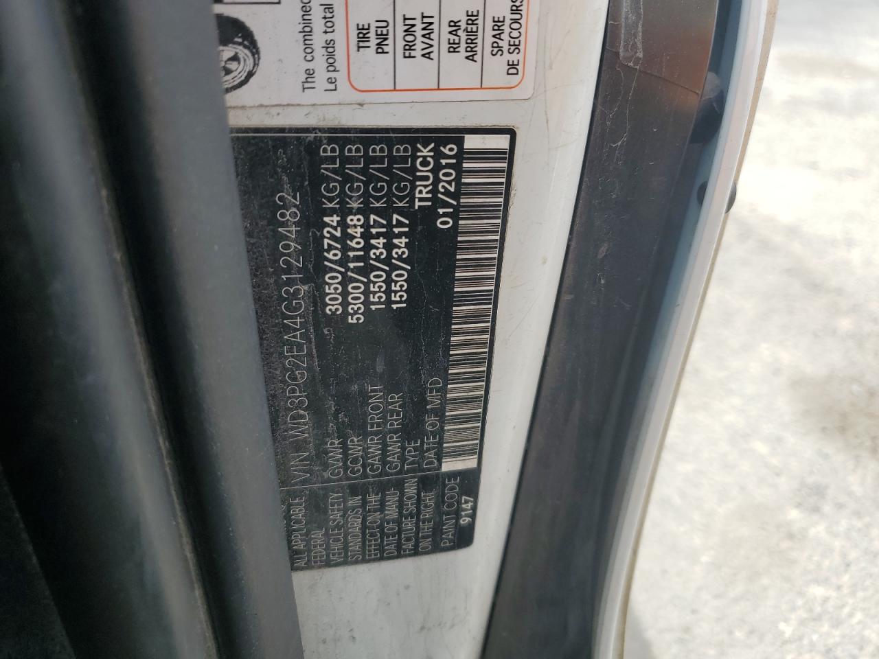 2016 Mercedes-Benz Metris VIN: WD3PG2EA4G3129482 Lot: 53831295