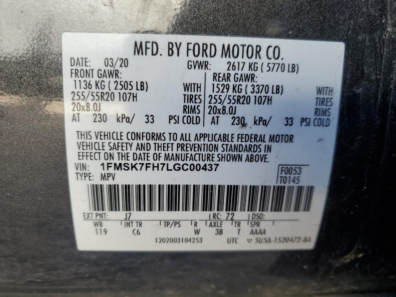 2020 Ford Explorer Limited VIN: 1FMSK7FH7LGC00437 Lot: 51796305