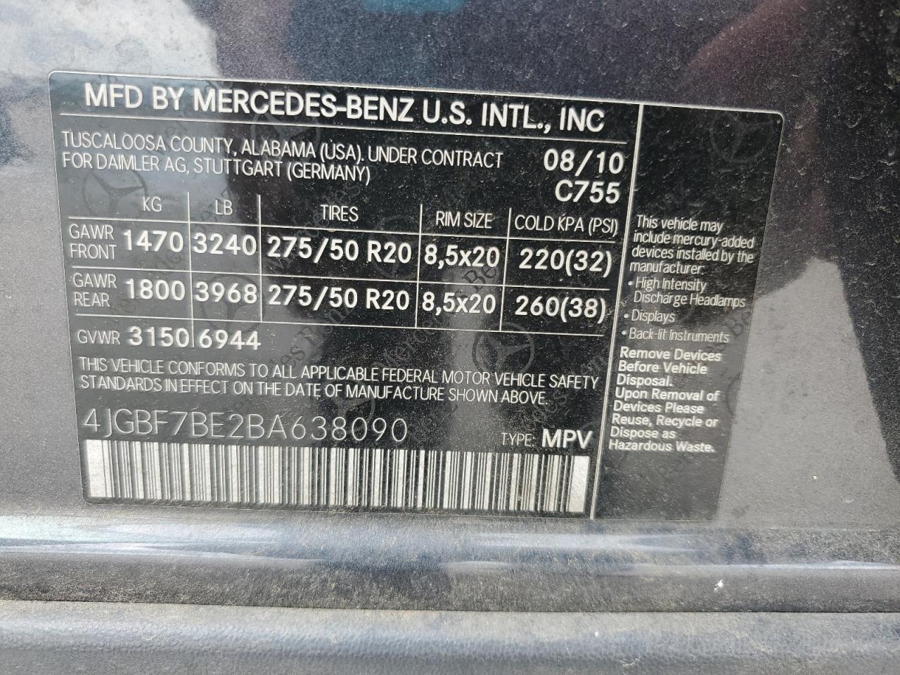 2011 Mercedes-Benz Gl 450 4Matic VIN: 4JGBF7BE2BA638090 Lot: 53845665