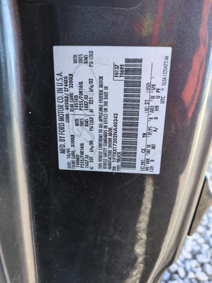 2002 Ford F150 VIN: 1FTRX17202NA40343 Lot: 54850915