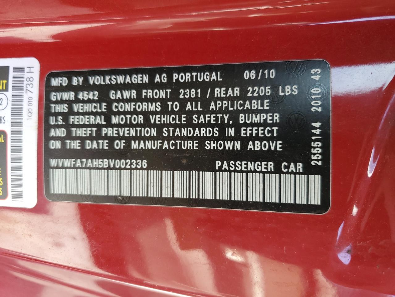 2011 Volkswagen Eos Lux VIN: WVWFA7AH5BV002336 Lot: 55287125