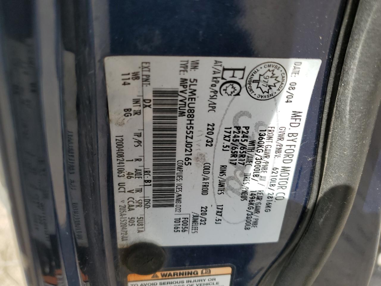 2005 Lincoln Aviator VIN: 5LMEU88H55ZJ02165 Lot: 54225645