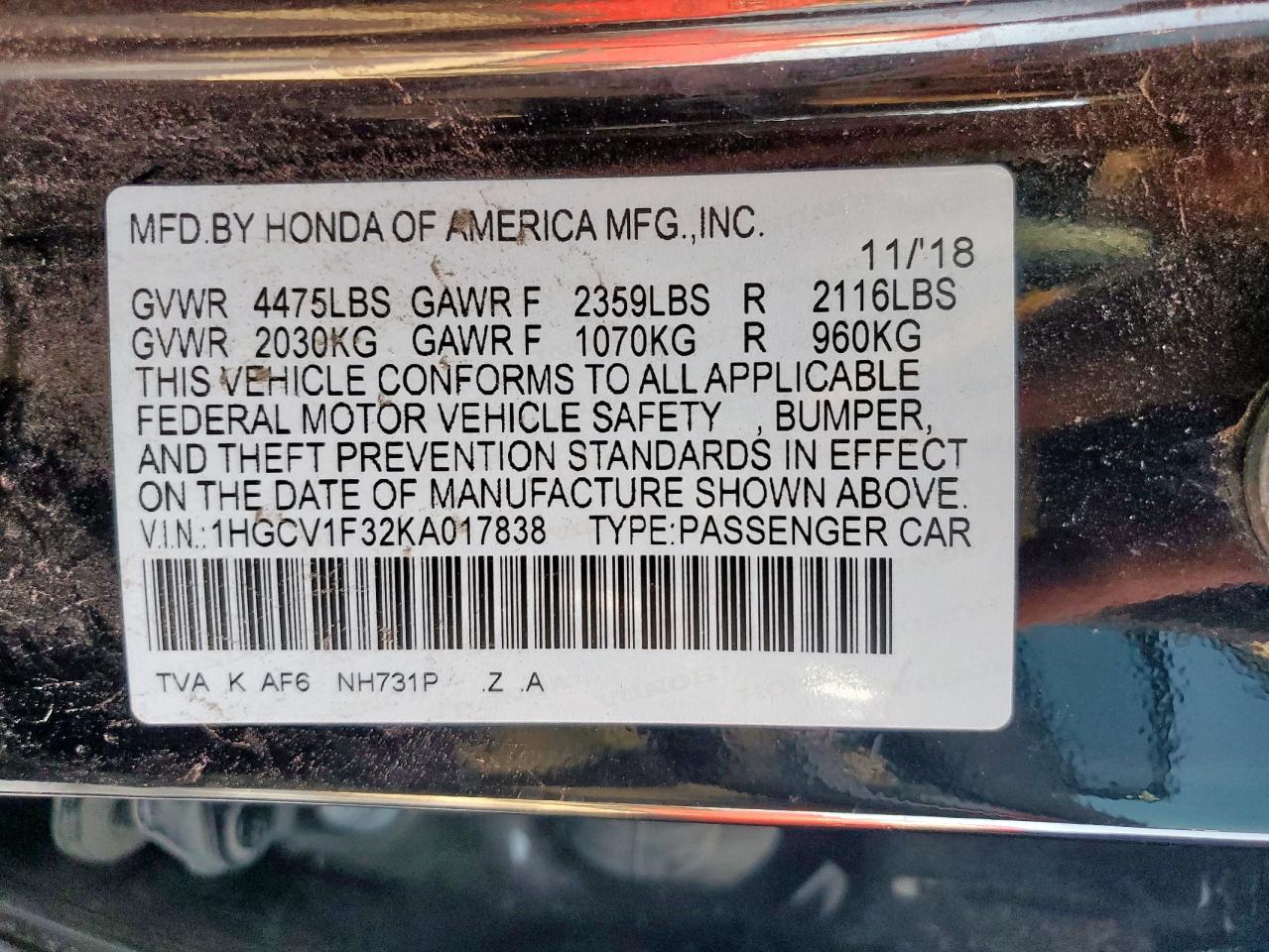 2019 Honda Accord Sport VIN: 1HGCV1F32KA017838 Lot: 51507685