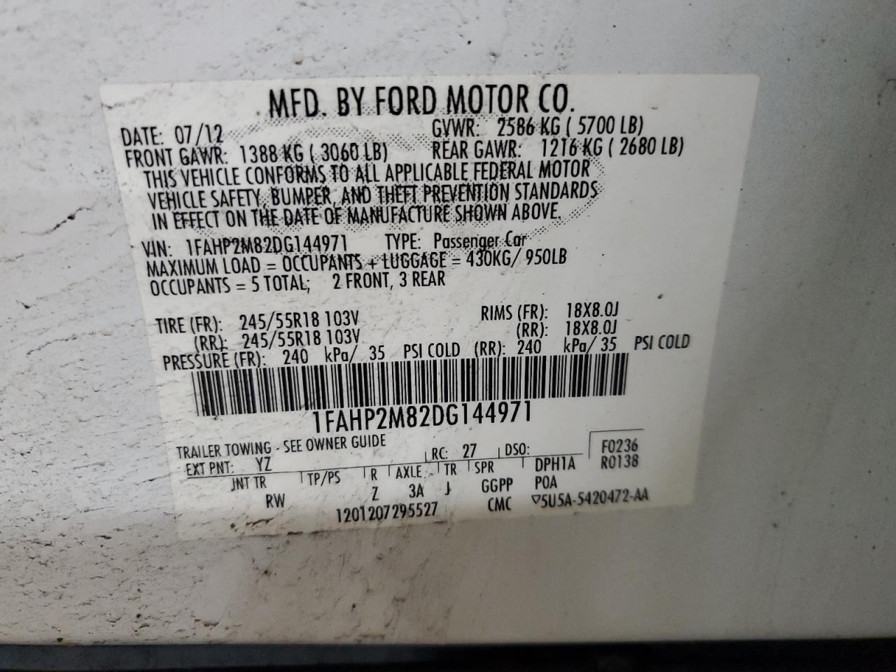 2013 Ford Taurus Police Interceptor VIN: 2FAHP2M82DG144971 Lot: 51042705