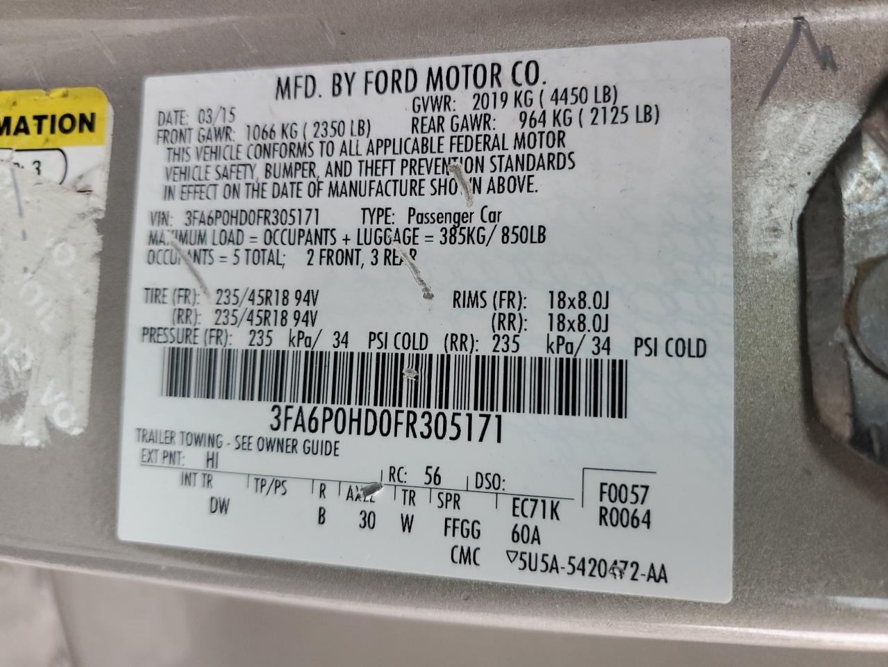 2015 Ford Fusion Se VIN: 3FA6P0HD0FR305171 Lot: 52789225