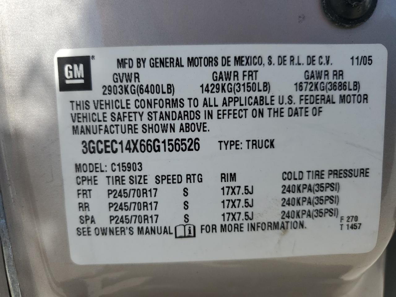 2006 Chevrolet Silverado C1500 VIN: 3GCEC14X66G156526 Lot: 52518115