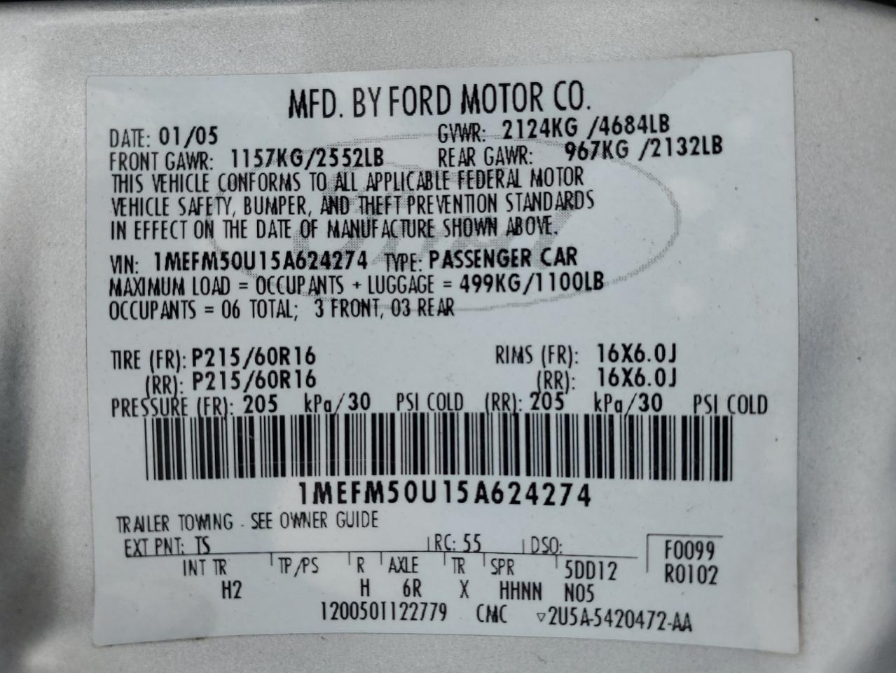 2005 Mercury Sable Gs VIN: 1MEFM50U15A624274 Lot: 52996815